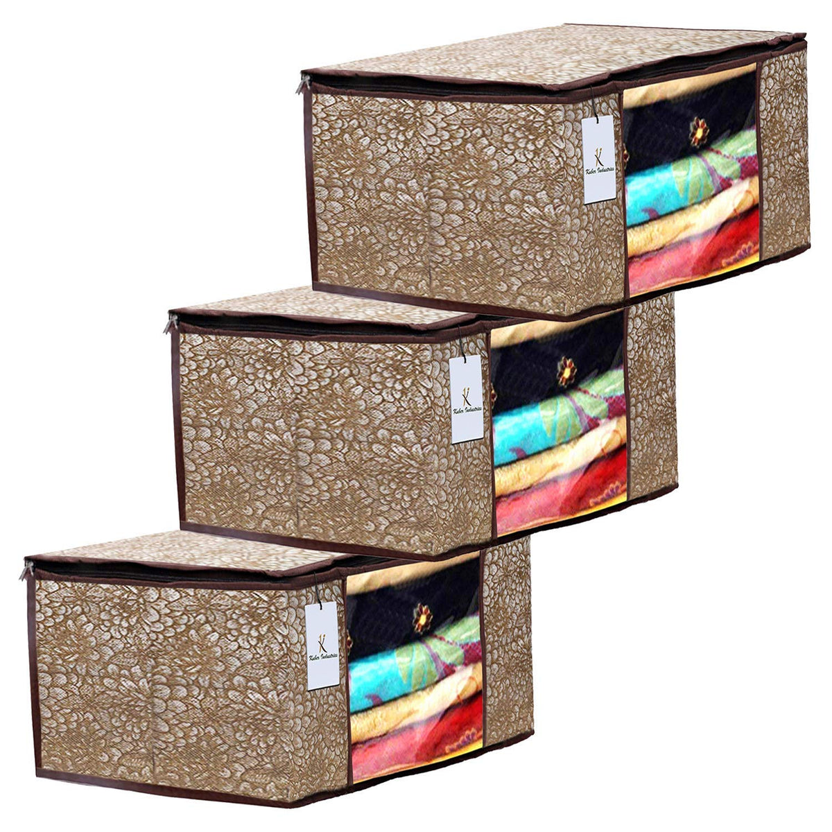 Kuber Industries Metalic Printed 3 Piece Non Woven Fabric Saree Cover Set with Transparent Window, Extra Large, Golden & Brown -CTKTC031936