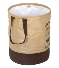 Heart Home Round Non Woven Fabric Foldable Laundry Basket|Toy Storage Basket|Cloth Storage Basket With Handles,45 Ltr (Beige & Brown)-HEARTXY11450