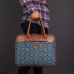 THE CLOWNFISH Deborah series 15.6 inch Laptop Bag For Women Printed Handicraft Fabric & Faux Leather Office Bag Briefcase Messenger Sling Handbag Business Bag (Cerulean Blue)