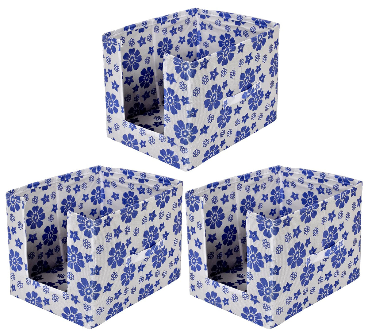 Heart Home Flower Printed Multiuses Non-Woven Closet Organizer With Handles- Pack of 3 (White & Blue) -HS43HEARTH26501