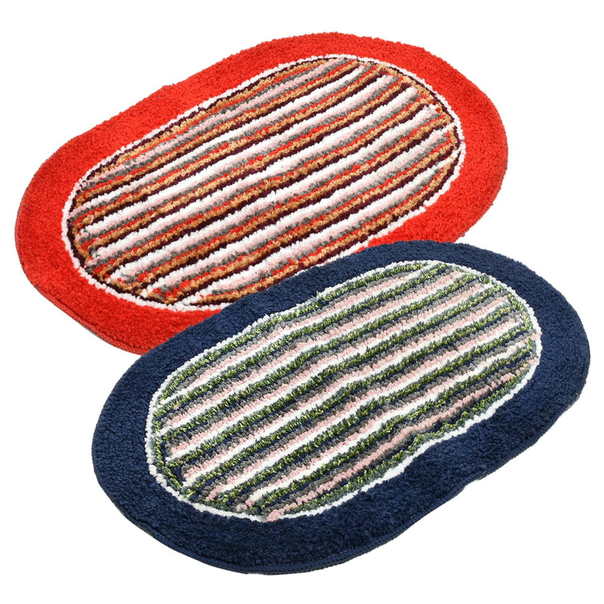 Heart Home Strips Design Soft Cotton Machine Washable Doormat, BathMat- Pack of 2 (Blue & Red)-50HH01922