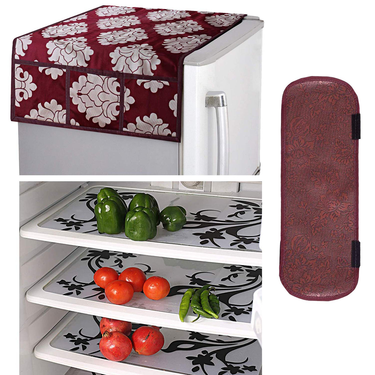 Kuber Industries PVC 3 Pieces Fridge Mats, 1 Piece Handle Cover and 1 Piece Fridge Top Cover (Maroon)-CTKTC14566, Standard
