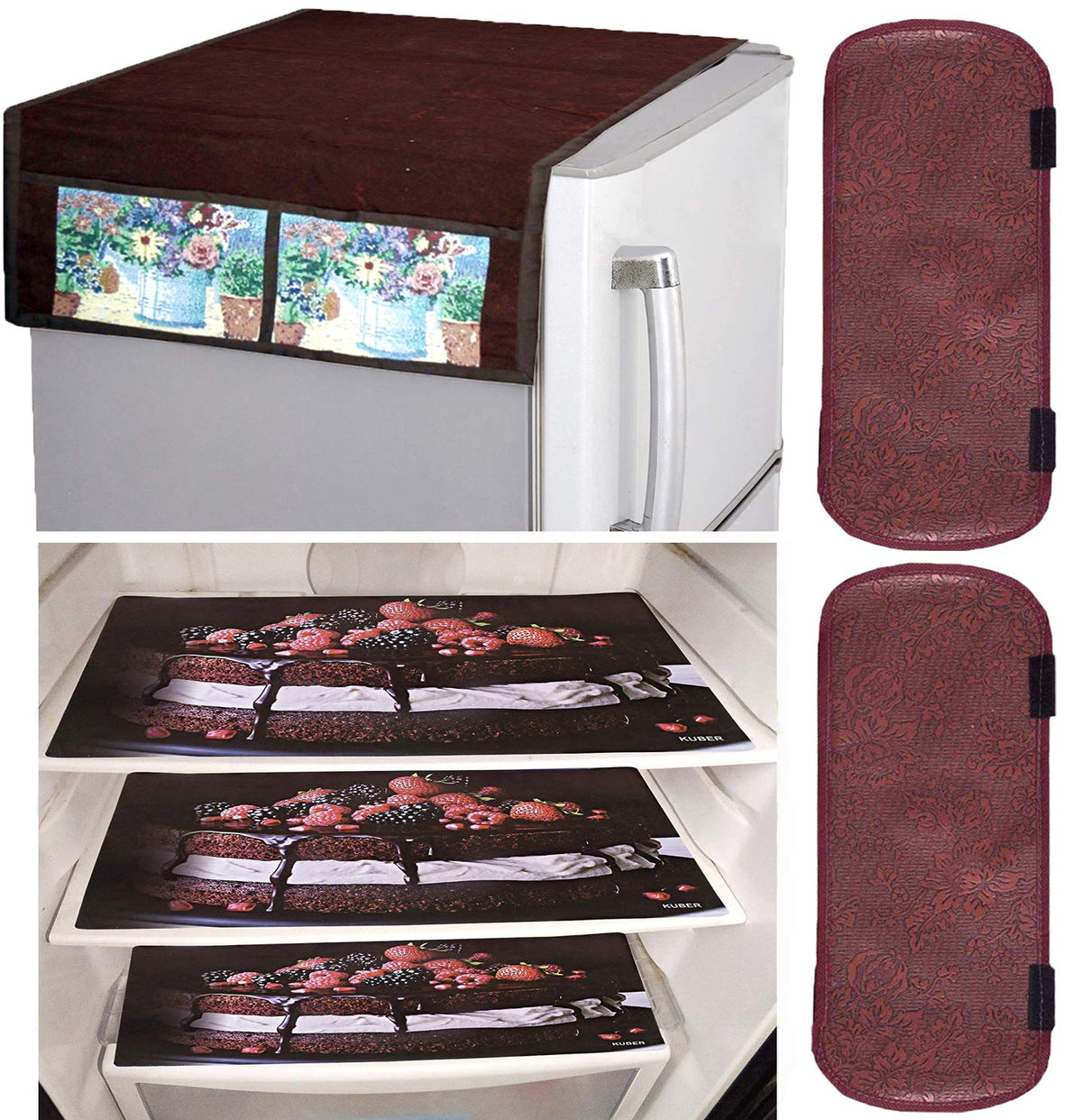 Kuber Industries PVC 3 Pieces Fridge Mats, 2 Piece Handle Cover and 1 Piece Fridge Top Cover (Brown) - CTKTC032930