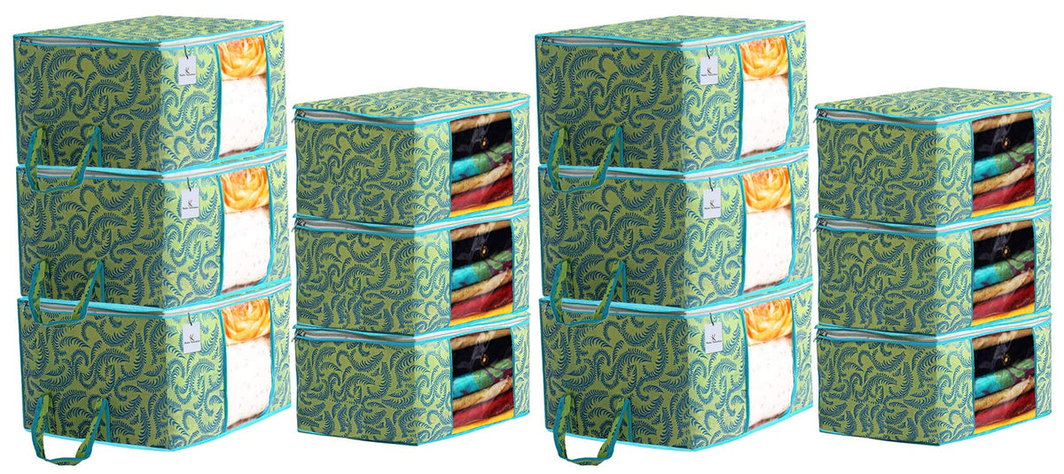 Kuber Industries Metallic Printed Non Woven 6 Pieces Saree Cover And 6 Pieces Underbed Storage Bag, Cloth Organizer For Storage, Blanket Cover Combo Set (Green) -CTKTC38533