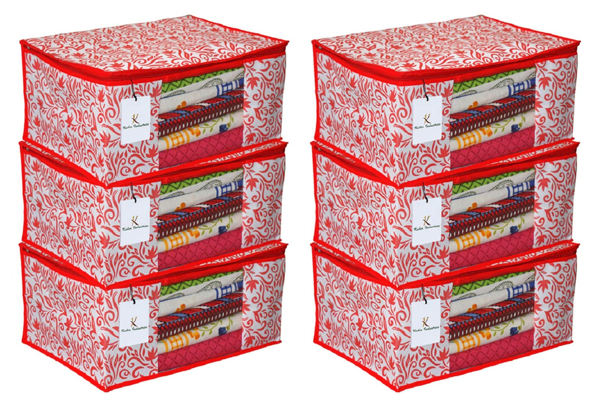 Kuber Industries Floral Design 6 Piece Non Woven Saree Cover, Extra Large, Red