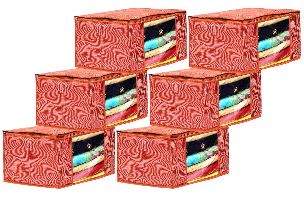 Kuber Industries Lahariya Design Non-woven Foldable Saree Cover/Clothes Storage Bag/Wardrobe Organizer With Transparent Window- Pack of 6 (Orange)-44KM0379