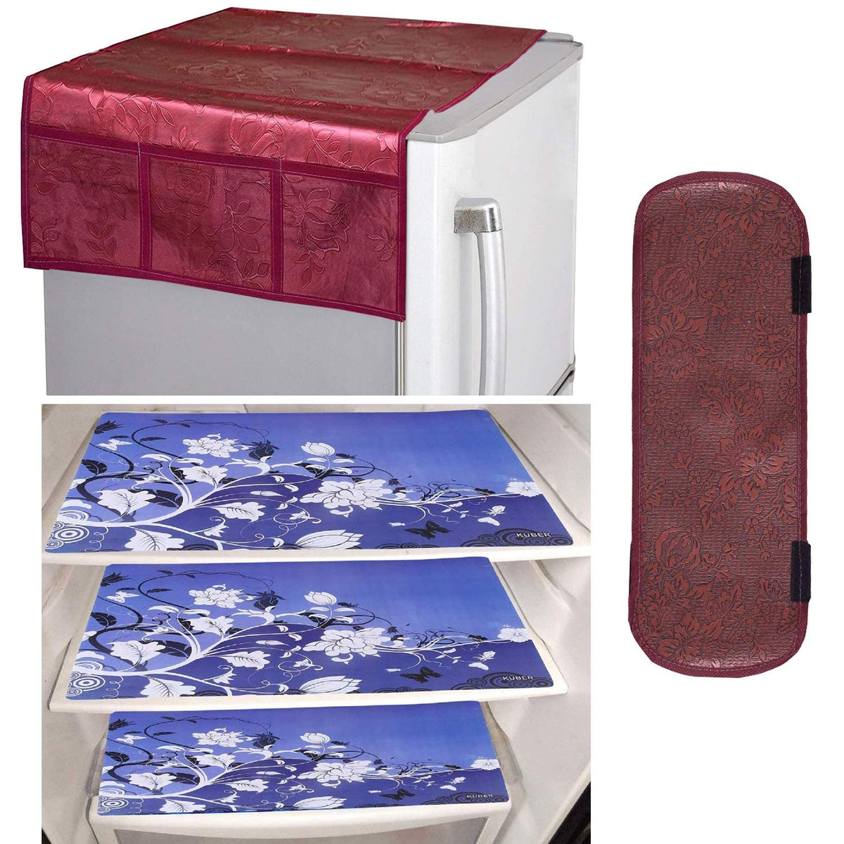 Kuber Industries PVC 3 Pieces Fridge Mats, 1 Piece Handle Cover and 1 Piece Fridge Top Cover (Maroon)-CTKTC14629