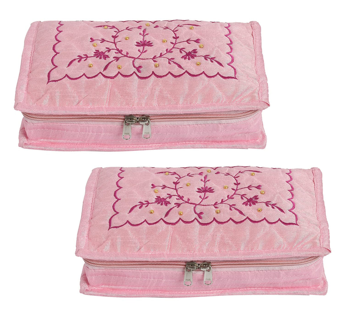 Kuber Industries Embroidery Design Portable Jewellery Organizer With 6 Tranasparent Pockets For Keeps Your Jewellery,Earrings, Pendants Organized And Secure- Pack of 2 (Pink)