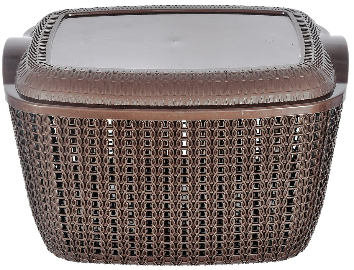 Heart Home Multiuses Large M 30 Plastic Basket/Organizer With Lid- Pack of 2 (Grey & Brown) -46HH021