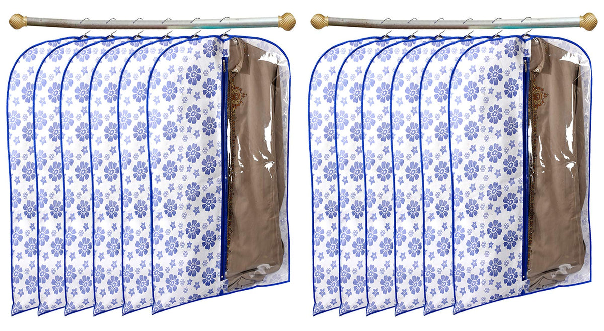 Kuber Industries Flower Printed 12 Pieces Half Transparent Non Woven Men's Coat Blazer Cover (Blue) -CTKTC041888