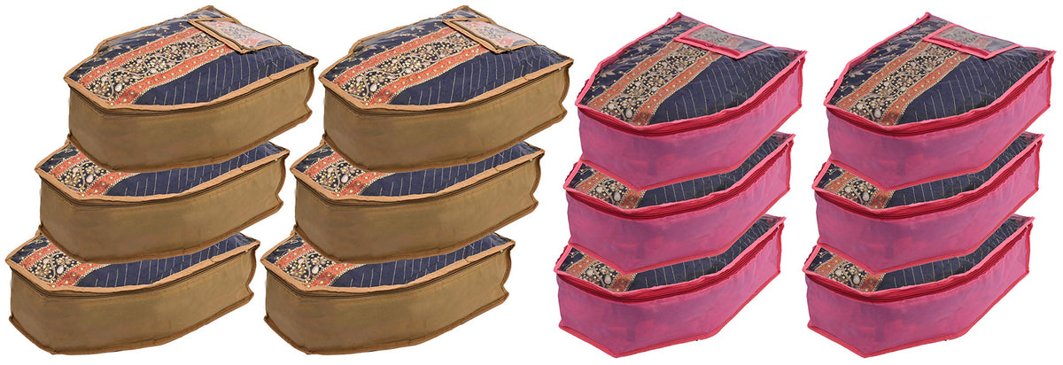 Kuber Industries 12 Piece Non Woven Blouse Cover with Front Transparent Window with Attached Pocket Set (Brown & Pink)