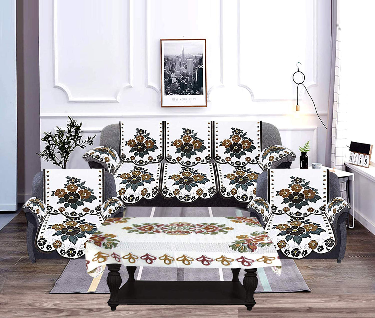 Kuber Industries Flower Design Cotton 5 Seater Sofa Cover with 6 Pieces Arms Cover and 1 Center Table Cover Use Both Side (Set of 17, White & Brown)-KUBMART12029, Standard