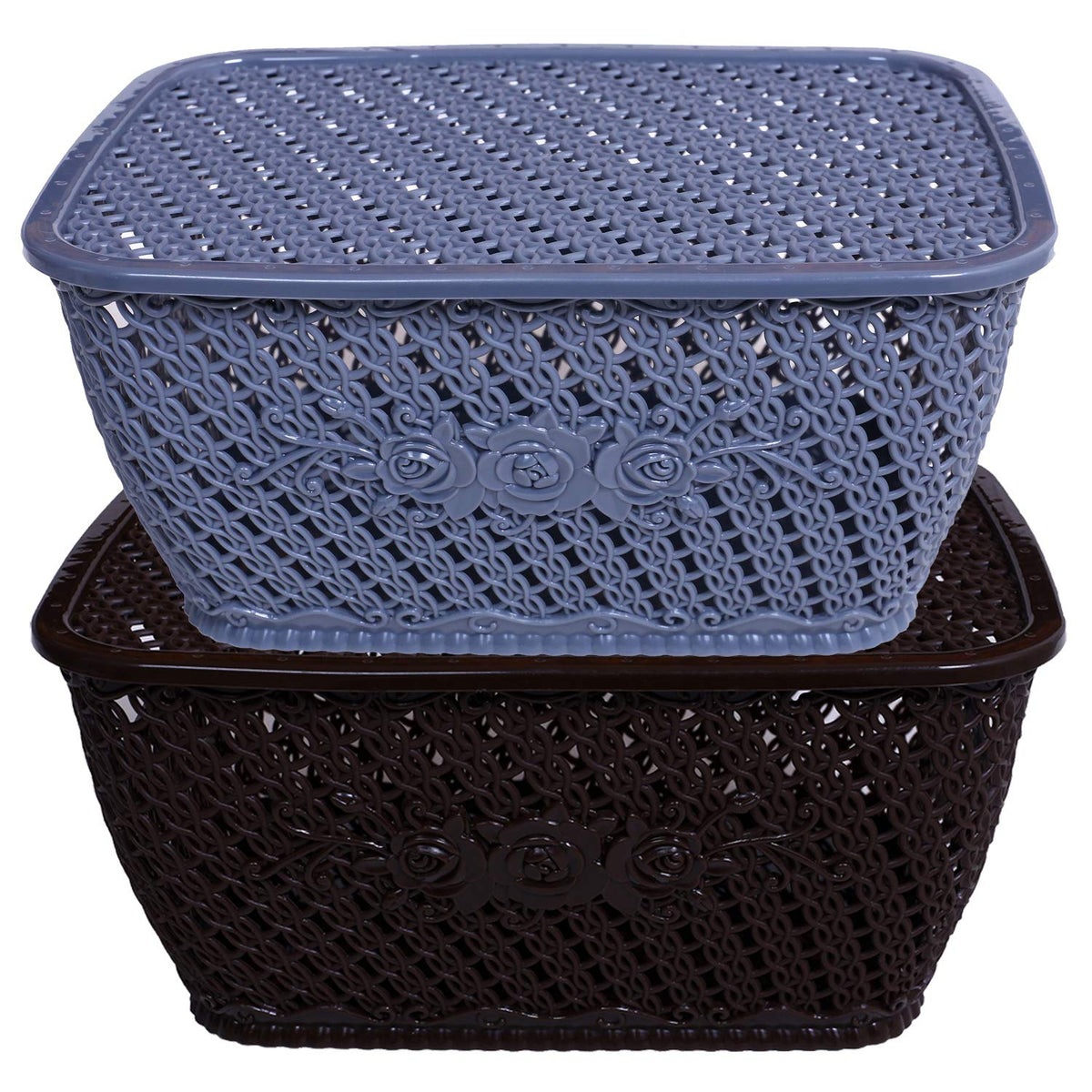 Kuber Industries Plastic 2 Pieces Medium Size Multipurpose Solitaire Storage Basket for Kitchen, Office, Bedroom, Bath Room with Lid (Brown & Grey) CTKTC034305