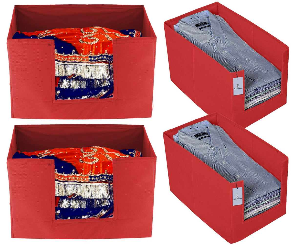 Kuber Industries Non Woven 2 Piece Shirt Stacker and 2 Piece Foldable Rectangle Cloth Saree Stacker Cloth Wardrobe Organizer Wardrobe Organizer (Red) -CTKTC38301