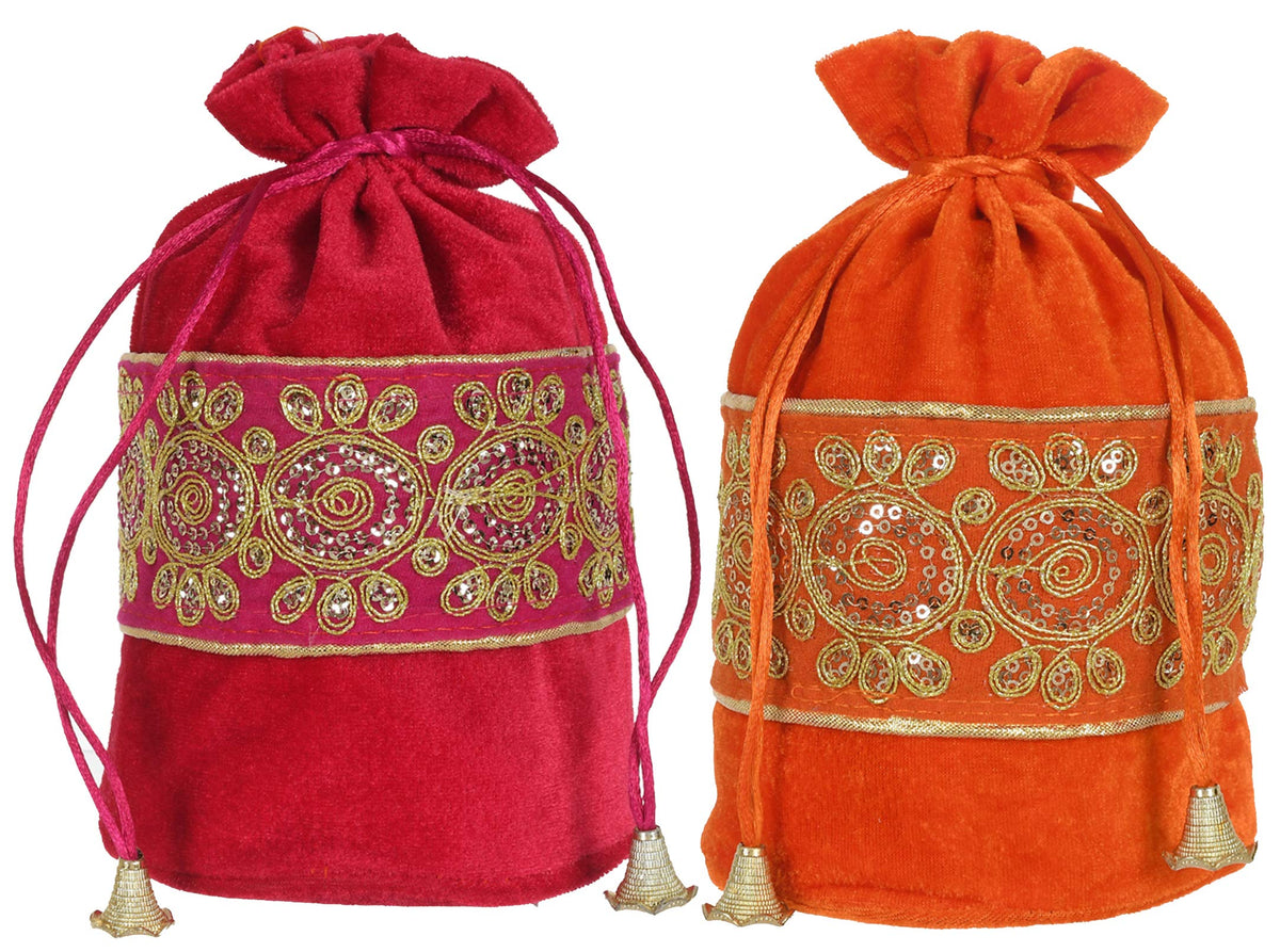 Kuber Industries Embroidered Design Potli Bags Handbags for Women Gifting Wristlets for Wedding, Festival, Kitty Subh Shagun-Pack of 2 (Pink & Orange)