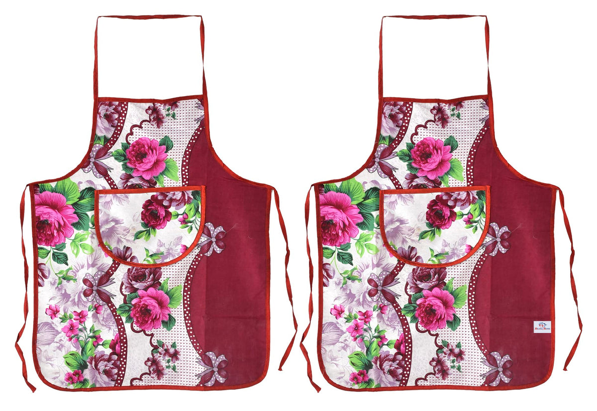 Heart Home Flower Printed Apron with 1Front Pocket, Pack of 2 (Pink)