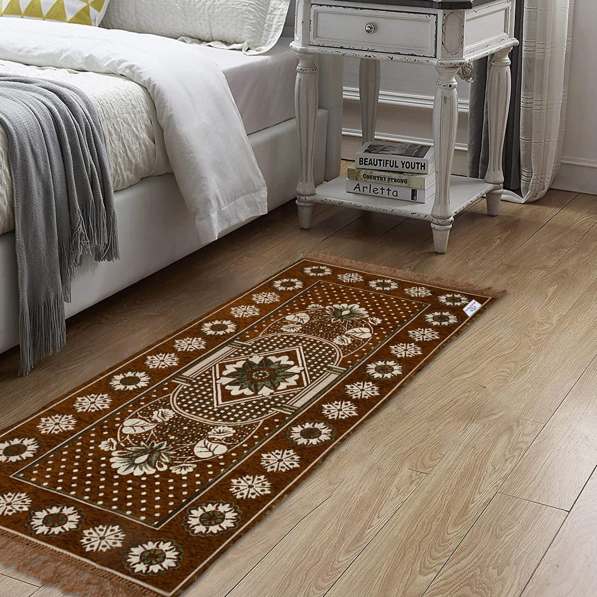 Heart Home Flower Print Bedside Runner Home Floor D�cor Rugs for Living, Dinning, Office, Rooms & Bedroom 4X2 Ft. (Golden)