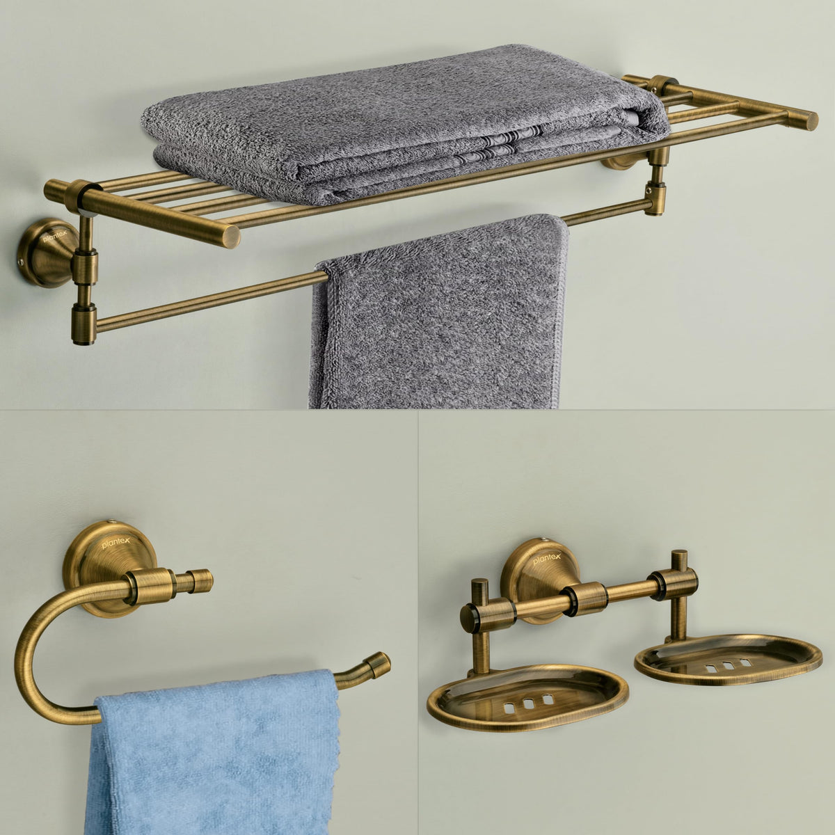 Plantex 304 Grade Stainless Steel Bathroom Accessories Set of 3 - Towel Stand/Napking Hanger/Dual Soap Holder for Bathroom - Niko (Brass Antique)