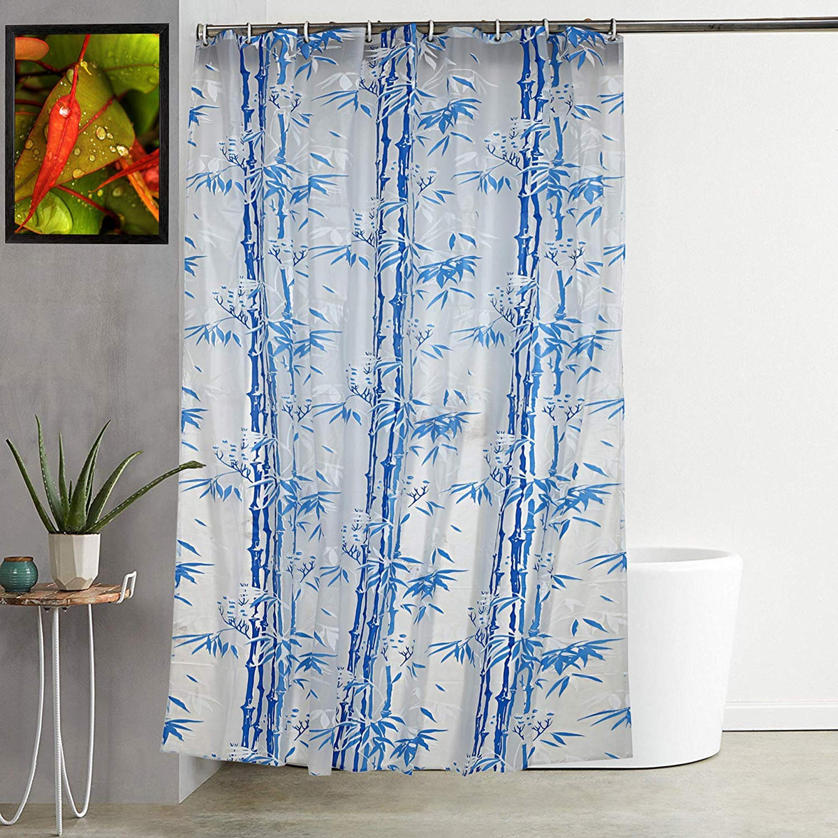 Kuber Industries Bamboo Design 2 Pieces PVC Shower Curtain with Hooks 7 Feet (Blue) -CTKTC014642