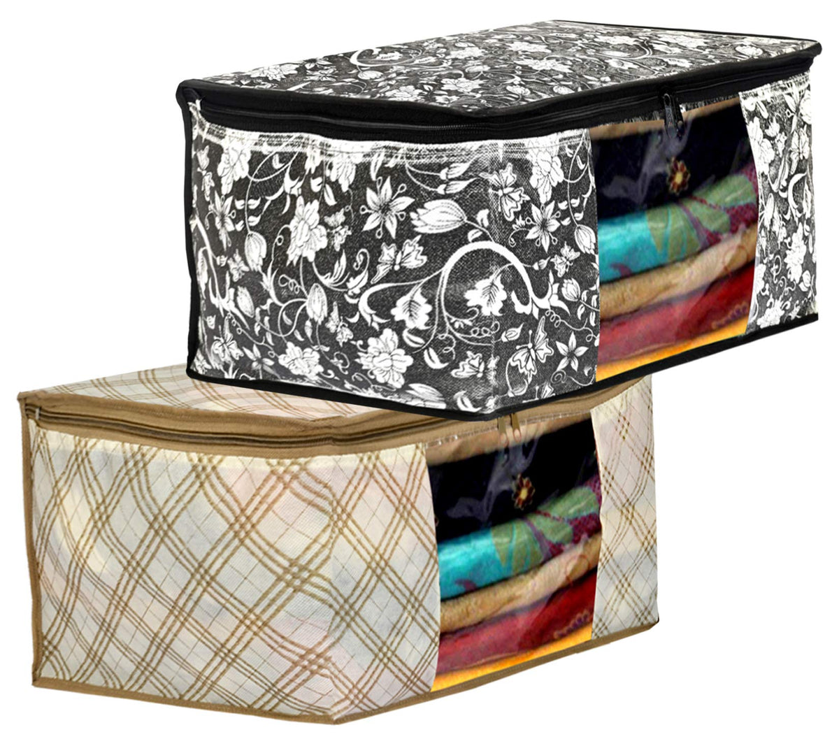 Kuber Industries Metalic Flower,Checkered Print 2 Piece Non Woven Fabric Saree Cover Set with Transparent Window, Extra Large (Ivory & Black)-KUBMART16544