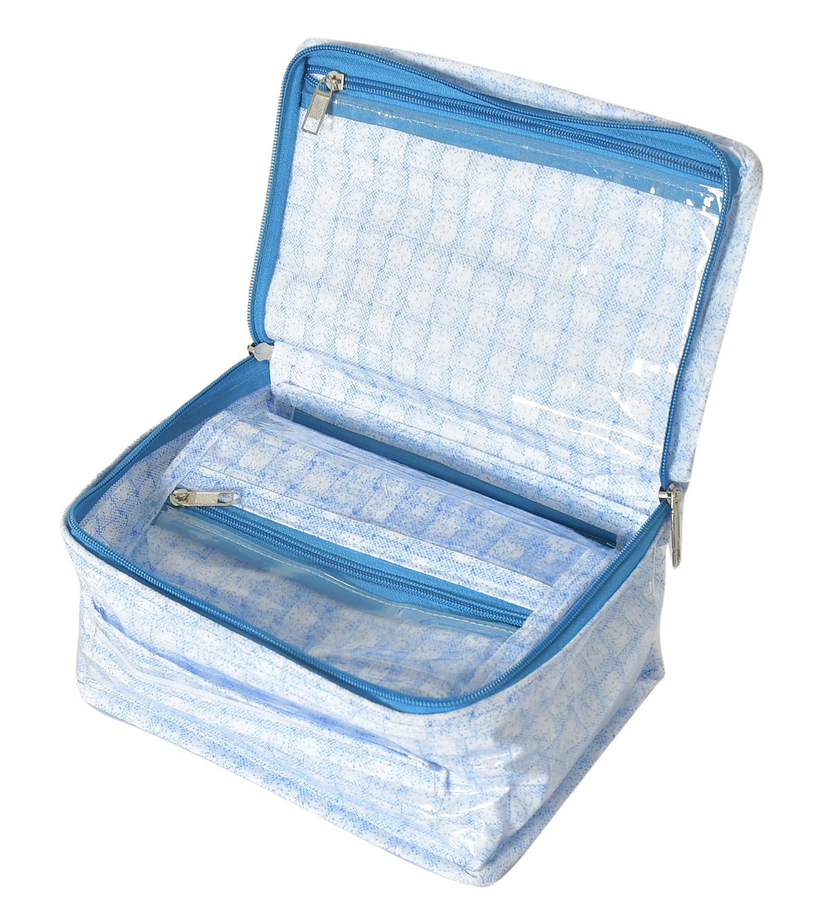 Kuber Industries Check Design Laminated PVC Multipurpose Jewellery Organizer With 8 Tranasparent Pouches (Blue)-HS43KUBMART25829