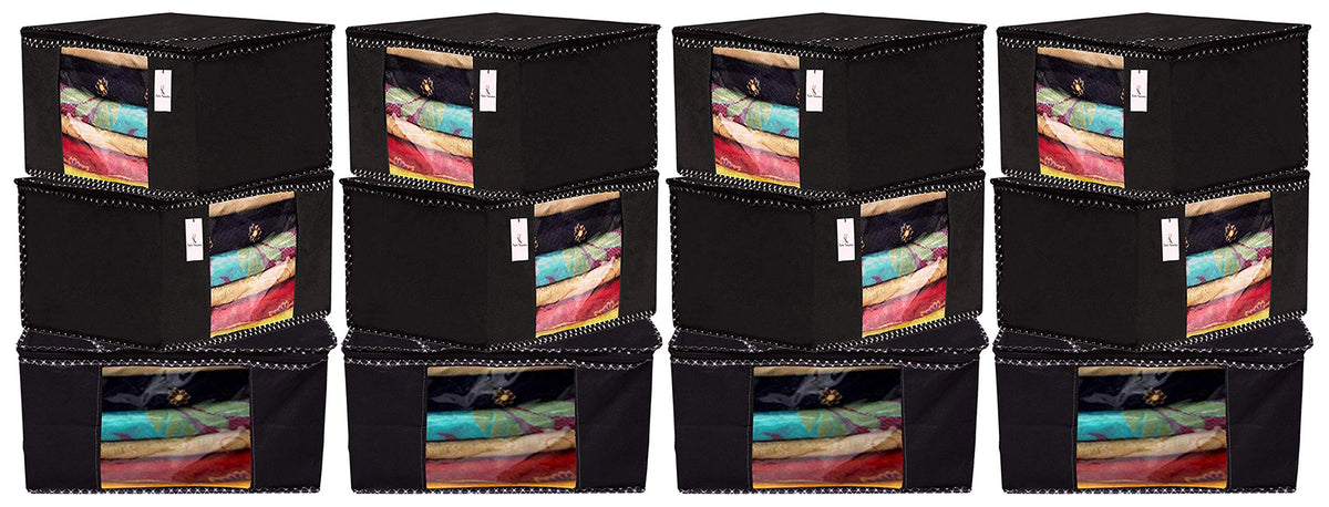 Kuber Industries 12 Pieces Non Woven Fabric Saree Cover/Clothes Organiser for Wardrobe Set with Transparent Window, Extra Large (Black)-KUBMART2785