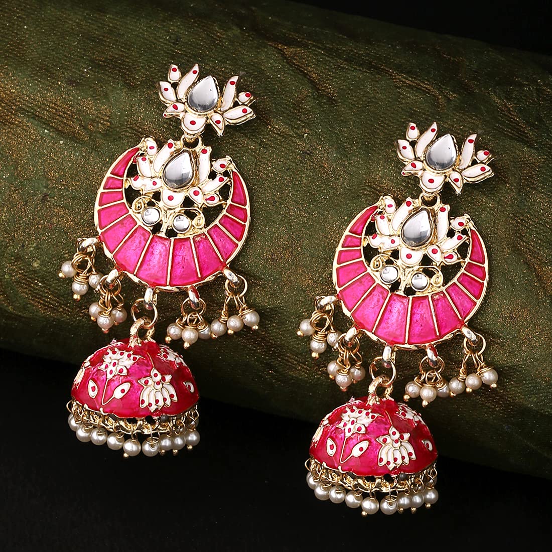 Ruby-Pearl Jadau Chandbali Earrings in Gold Plated Silver ER 312