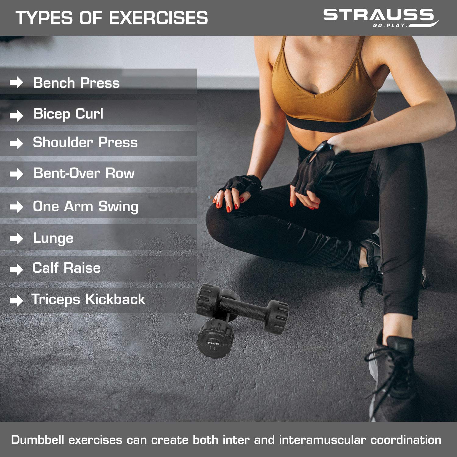 Strauss Unisex PVC Dumbbells Weight for Men & Women | 1Kg (Each)| 2Kg (Pair) | Ideal for Home Workout and Gym Exercises (Black)