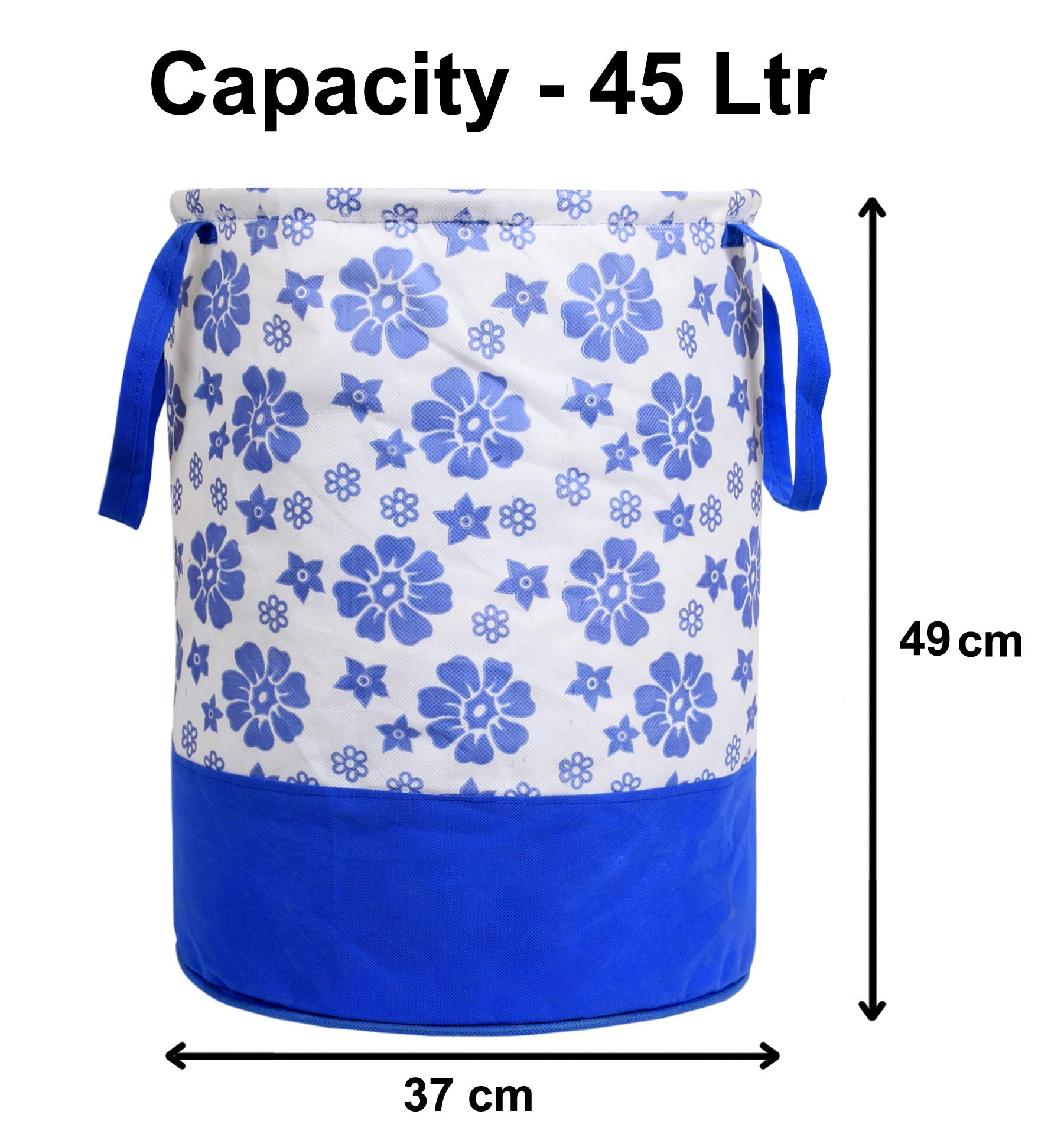 Heart Home Flower Print Round Non Woven Fabric Foldable Laundry Basket, Toy Storage Basket, Cloth Storage Basket With Handles,45 Ltr (Blue)-HEARTXY11608