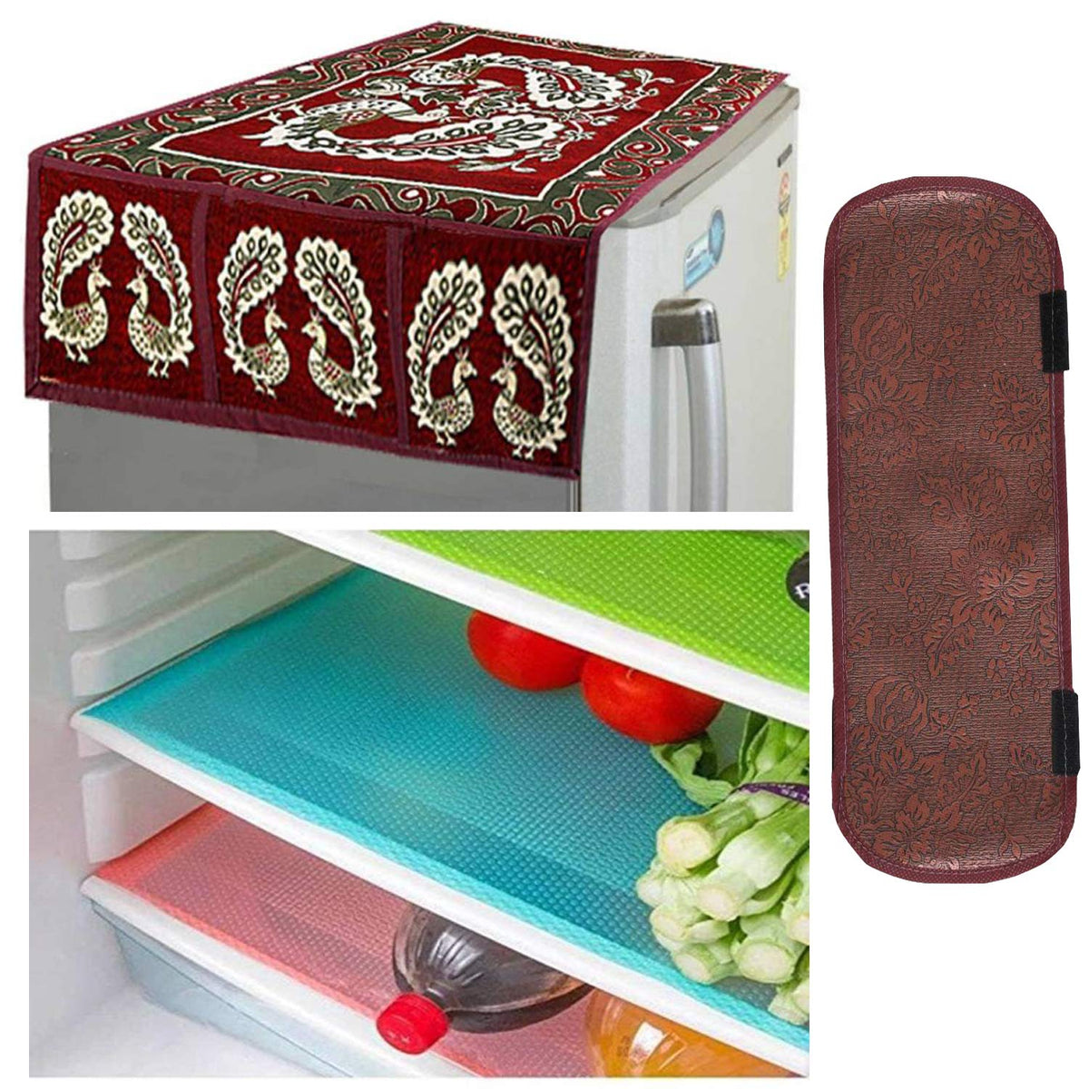 Kuber Industries Cloth 3 Pieces Fridge Mat, 1 Piece Handle Cover and 1 Pieces Fridge Top Cover (Multi)-CTKTC2761