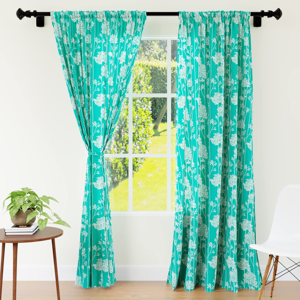 Encasa Window Curtain 7 ft Set of 2, Polyester Printed with Rod Pocket, Tie Back, Light-Filtering, Semi Sheer/Transparent Curtains- Kitchen, Bedroom, Living Room (140x213 cm), Blotch Teal