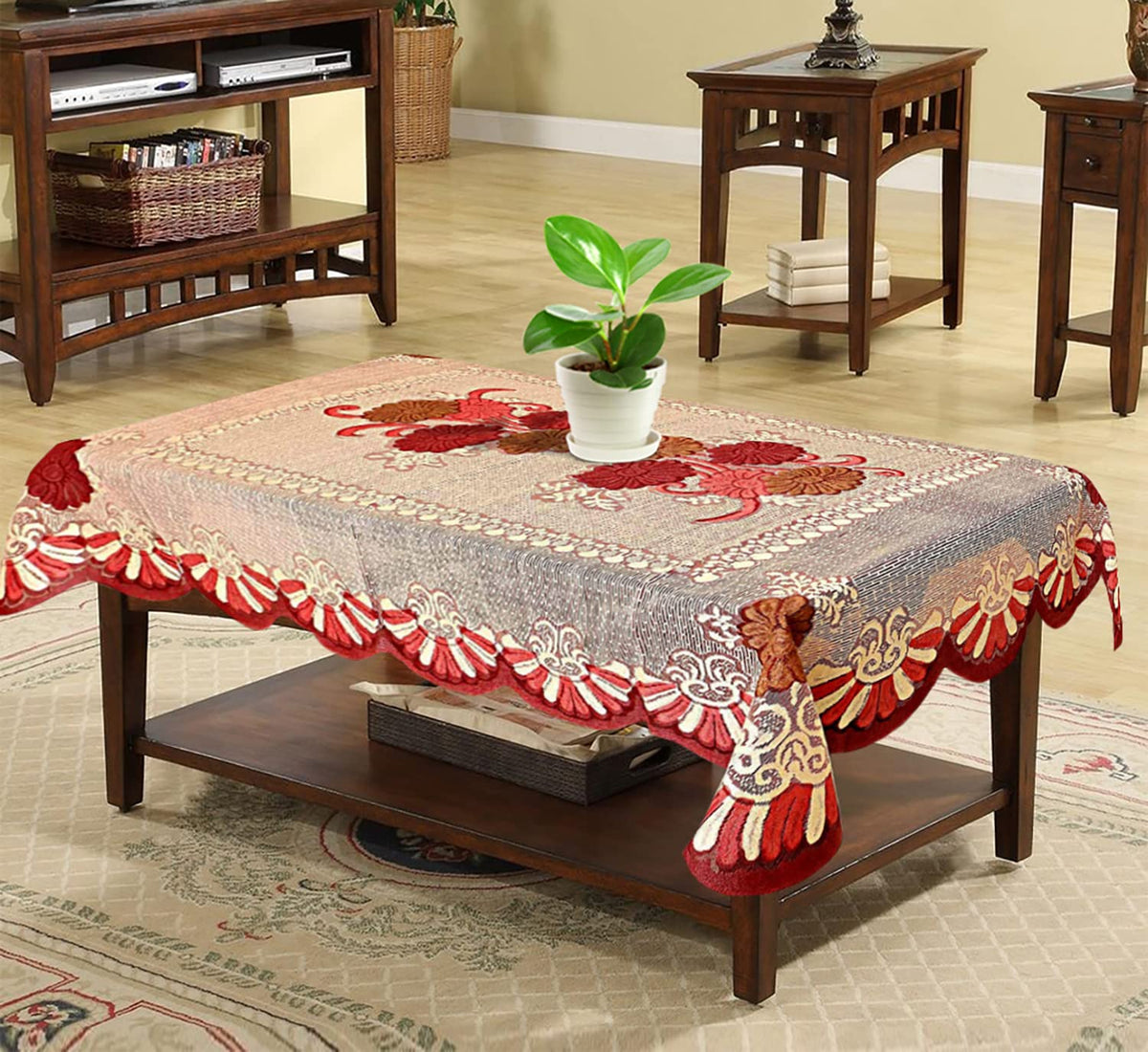 Kuber Industries Flower Printed Cotton 4 Seater Center Table Cover,40"x60" (Pink & Brown)-44KM031