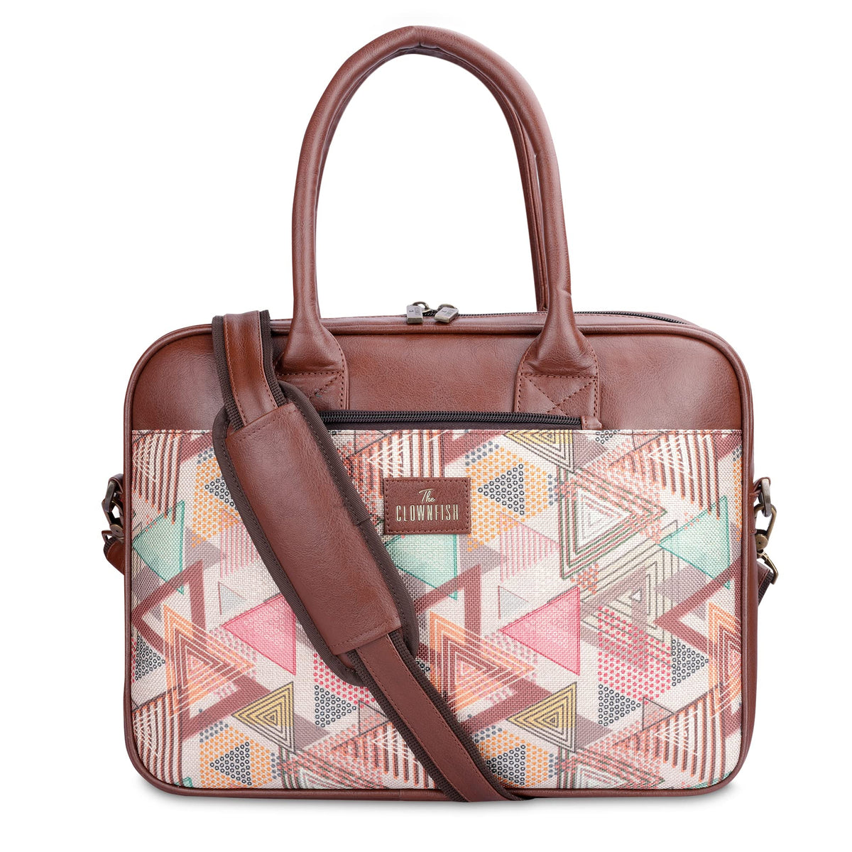THE CLOWNFISH Deborah series 15.6 inch Laptop Bag For Women Printed Handicraft Fabric & Faux Leather Office Bag Briefcase Messenger Sling Handbag Business Bag (Multicolour-Triangle)