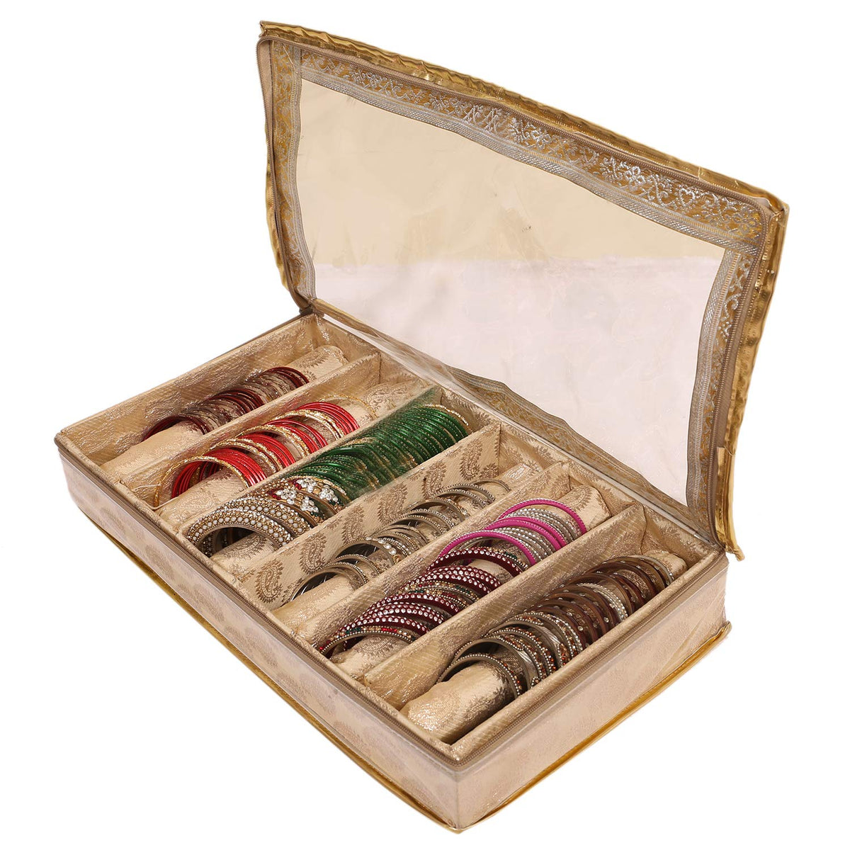 Kuber Industries Brocade Cloth Bangle Box|6 Rods & Durable Material|Transparent Window Design|Size 47 x 28 x 7 (Gold)