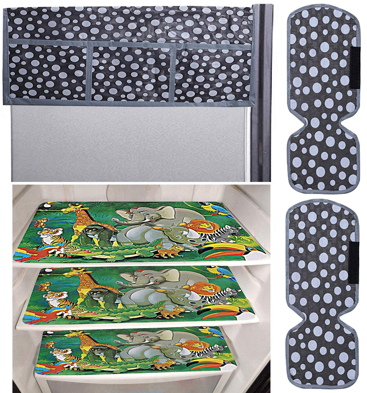 Kuber Industries Polka Dots Design 3 Pieces PVC Fridge Mats,2 Piece Handle Cover and 1 Piece Fridge Top Cover (Grey) CTKTC34097