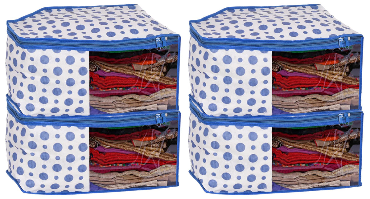 Heart Home Dot Printed Non-Woven Blouse Cover, Cloth Organizer, Wardrobe Organiser With Tranasparent Window- Pack of 4 (Blue)-46HH0308