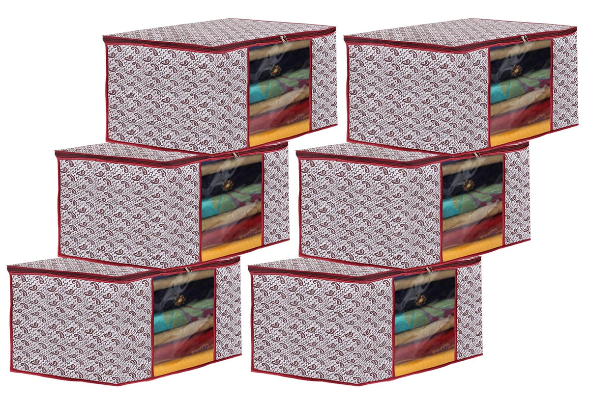 Kuber Industries Paisley Design Non-woven Foldable Saree Cover/Clothes Storage Bag/Wardrobe Organizer With Transparent Window- Pack of 6 (White)-44KM0347