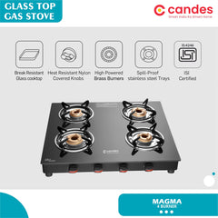 Candes Magma Glass Gas stove 4 burner | 6 mm Toughened Glass | Aluminum Burner | LPG Compatible | Anti-skid legs | Scratch Resistant | Doorstep Service | ISI Certified | 1 Year Warranty