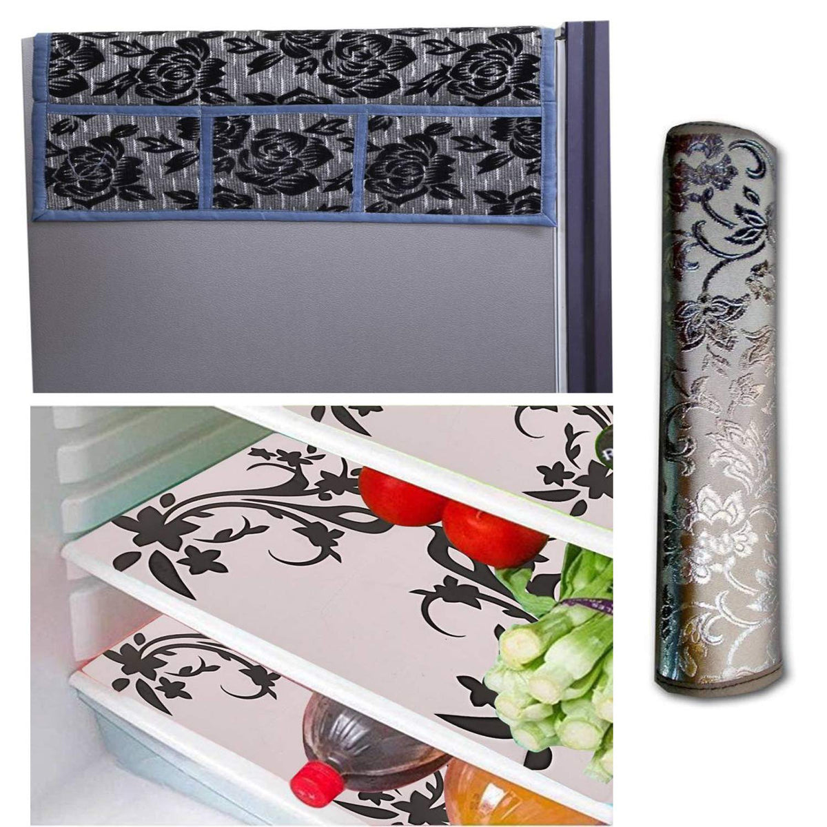Kuber Industries Cloth 3 Pieces Fridge Mat, 1 Piece Handle Cover and 1 Pieces Fridge Top Cover (Multi)-CTKTC2777