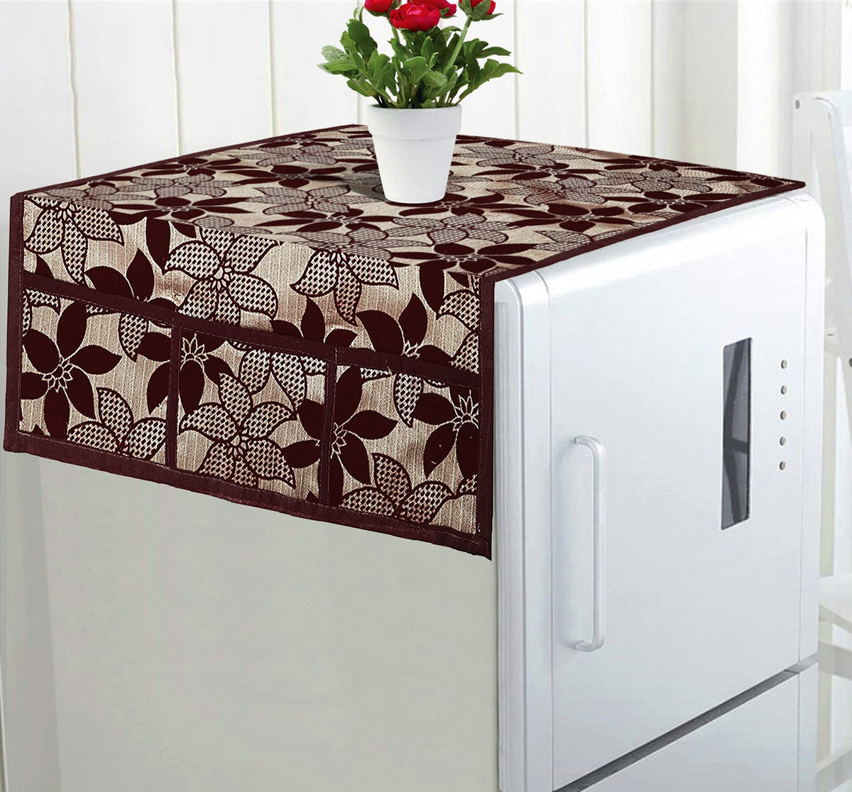 Heart Home Leaf Design Velvet Fridge/Refrigerator/Side by Side/Double Door Top Cover With 6 Utility Side Pockets (Maroon)-HS_38_HEARTH21092