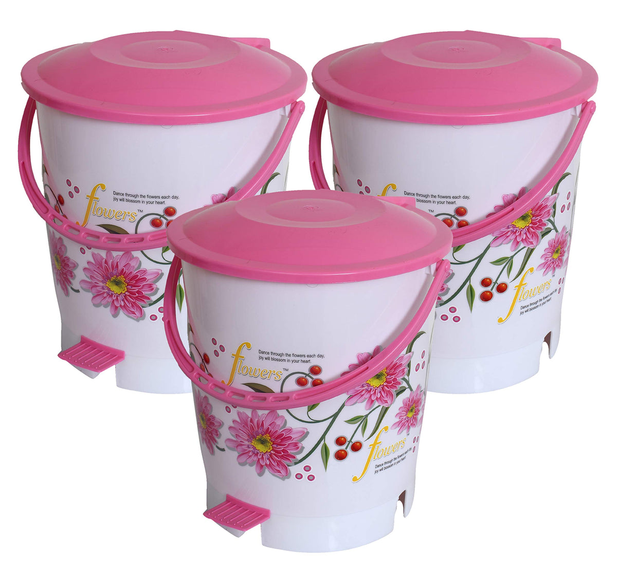 Kuber Industries Flower Print Plastic 3 Pieces Garbage Waste Dustbin/Recycling Bin for Home, Office, Factory with Lid, 10 Liters (Pink)-KUBMART10944