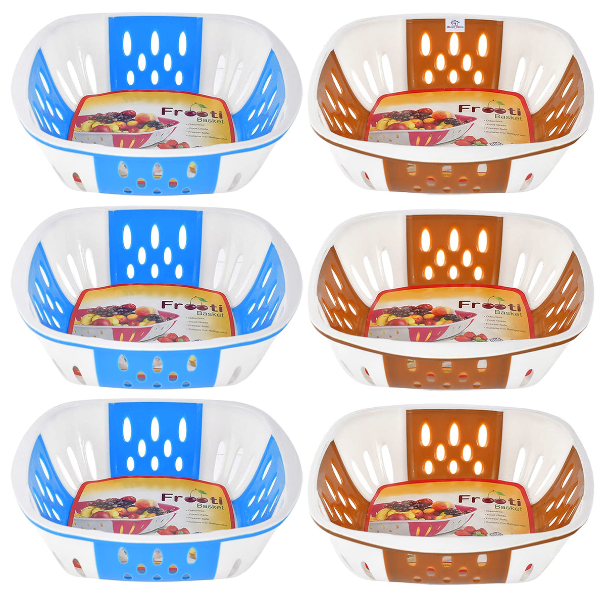 Heart Home Large Plastic Fruit, vegetable Storage Basket- Pack of 6 (Blue & Brown)-HS42KUBMART25435