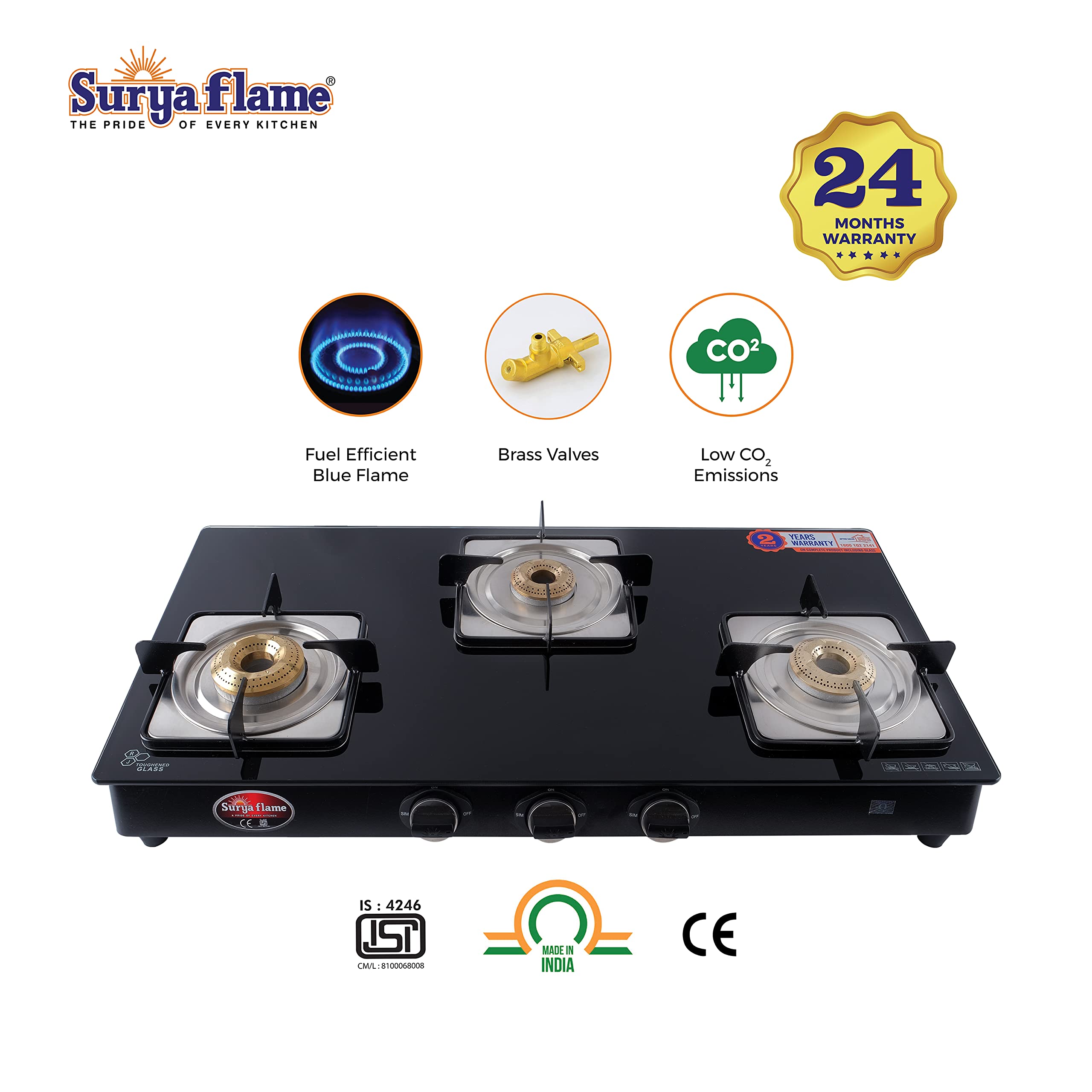 Surya Flame Nexa LPG Gas Stove 3 Burners Glass Top | LPG Gas Dual Layer Rubber Hose Pipe 1.5M | Premier Stainless Steel Gas Lighter with Knife