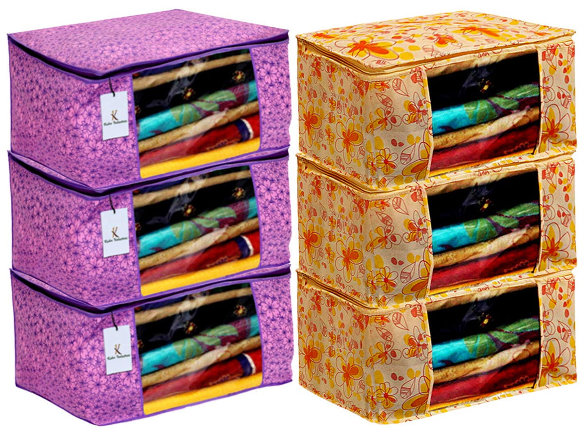 Kuber Industries Metalic Printed 6 Piece Non Woven Fabric Saree Cover Set with Transparent Window, Extra Large, Pink Purple & Ivory Red -CTKTC40872