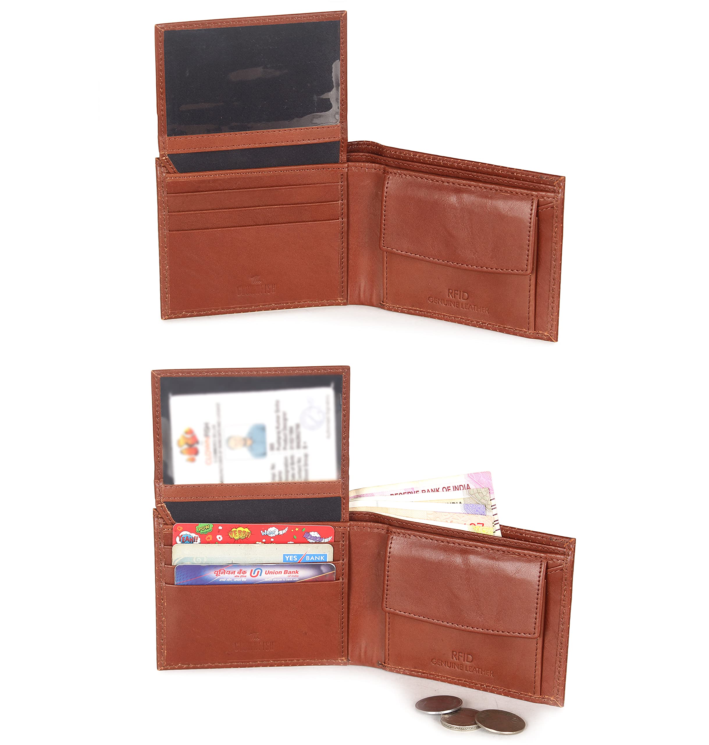 The Clownfish RFID Protected Genuine Leather Bi-Fold Wallet for Men with Multiple Card Slots, Coin Pocket & ID Window (Tan)