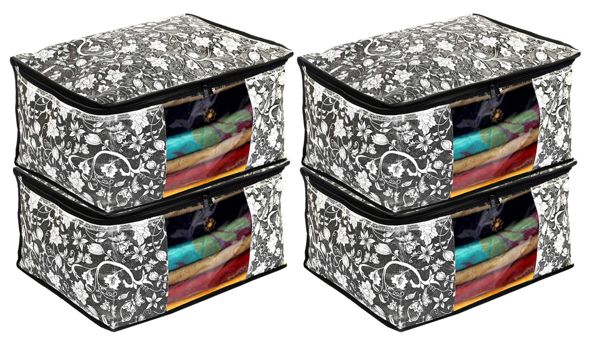 Kuber Industries Metalic Flower Print 4 Piece Non Woven Fabric Saree Cover Set with Transparent Window, Extra Large (Black)-KUBMART16520