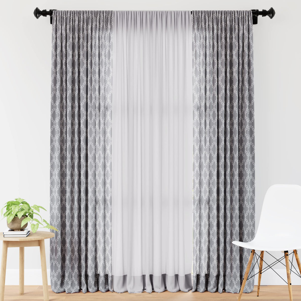 Encasa XO Printed + Solid Window Curtains with Tie Back (8 ft, Trellis Grey Combo) Pack of 3