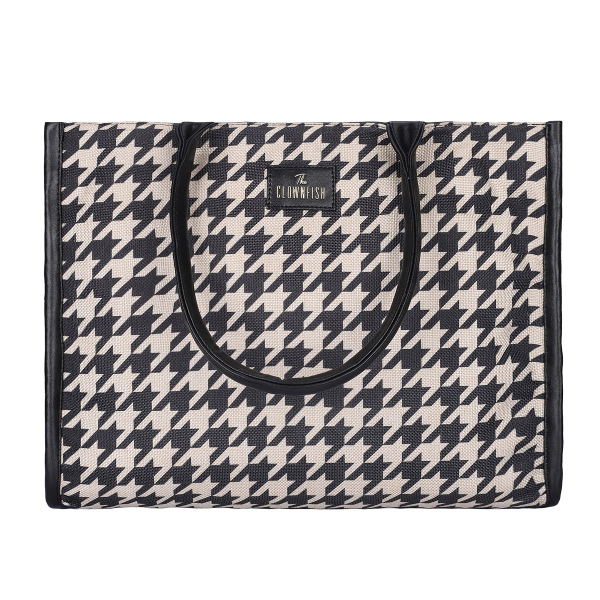 THE CLOWNFISH Opulence Series Multipurpose Handbag For Women Box Bag 14 inch Laptop Bag Tote Printed Handicraft Fabric & Faux Leather Bag (Black-Star Design)
