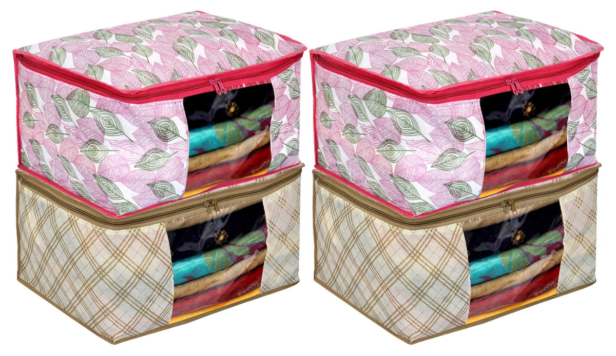 Kuber Industries Metalic Leafy,Checkered Print 4 Piece Non Woven Fabric Saree Cover Set with Transparent Window, Extra Large (Ivory & Pink)-KUBMART16554