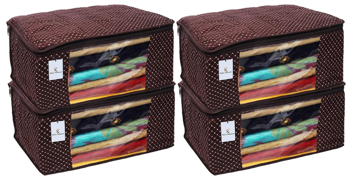 Kuber Industries Polka Dots 4 Piece Cotton 3 Layered Quilted Saree Cover, Brown - CTKTC025838